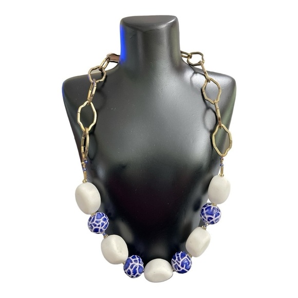 Handmade and Painted Ceramic, beaded and stone necklace with gold chain links - Picture 1 of 11